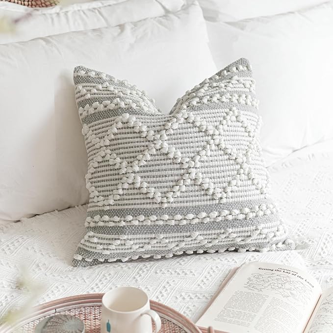 BlissBlush Gray White Decorative Throw Pillow Cover 20X20, Boho Accent Pillow by BlissBlush