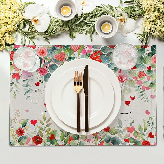 Valentines Day Love Heart Rose Placemats Set of 4 Valentine Eucalyptus Leaves - Image 2