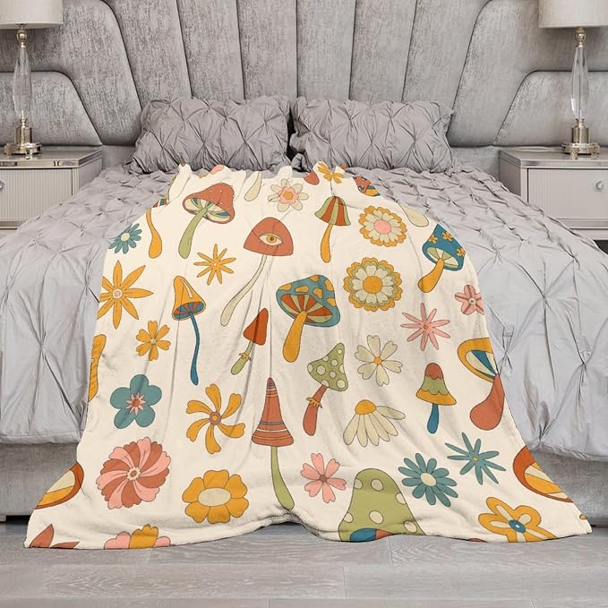 70s Mushroom Throw Blanket, Retro 60s Groovy Mushroom Boho Hippie Flowers Print - Image 7