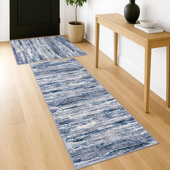 Abstract Rug for Kitchen Set of 2, 2x3 and 2x6 Navy Blue Gray Neutral Multi - Image 2