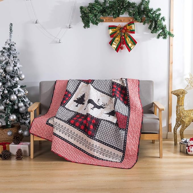 Soul & Lane Deer in The Pines 50" x 60" Lightweight Buffalo Plaid Blanket: - Image 2