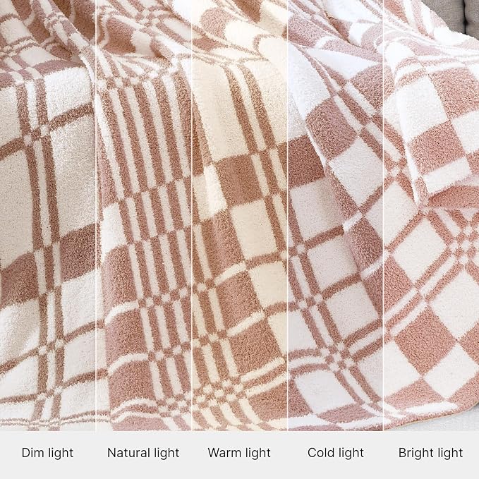 WRENSONGE Checkered Throw Blanket Clay Pink Soft Cozy Fluffy Warm Hand Made - Image 6