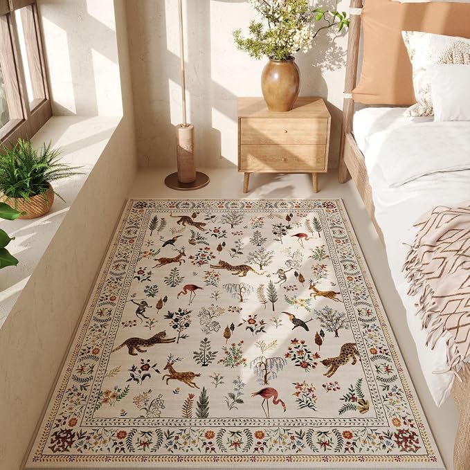 Rugcomf Bedroom Rug 3x5 Rug Washable Area Rug Non Slip Low Pile Boho Floral by Rugcomf