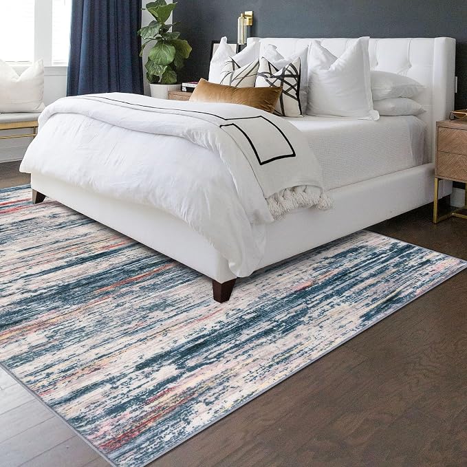 5x7 Modern Area Rug for Bedroom, Teal Blue Peach Gray Multi Large Teal Blue - Image 3