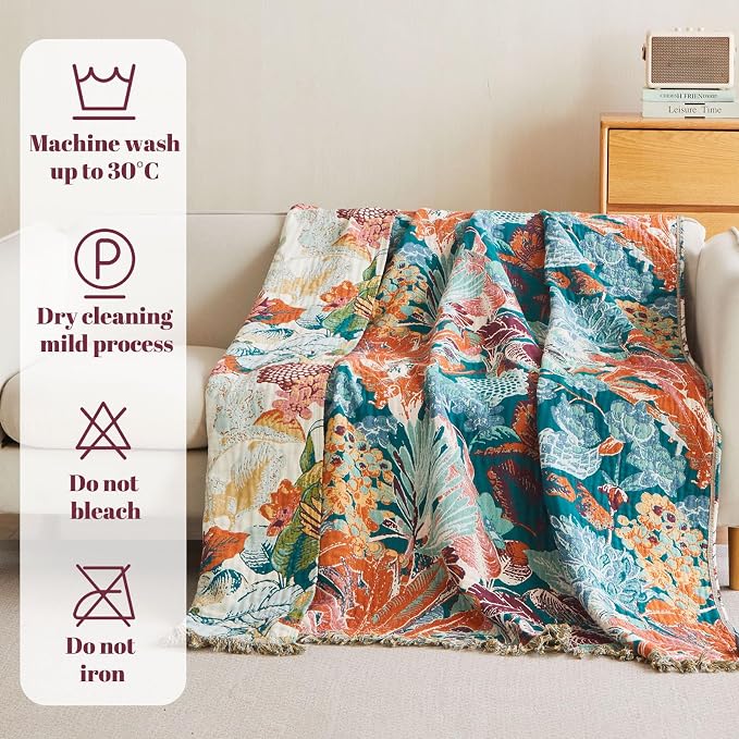 MSGKV Boho Throw Blanket for Bed Twin Size 100% Cotton Floral Blanket 60"x80" - Image 8