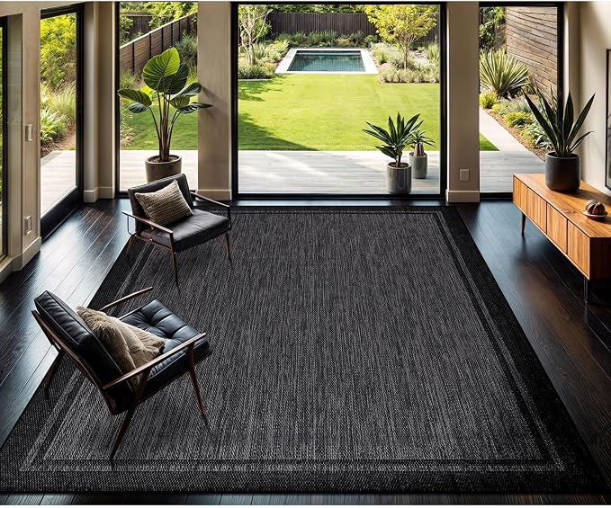 CAMILSON Indoor Outdoor Rug, 9x12 Bordered Dark Grey Black Modern Large Area - Image 4