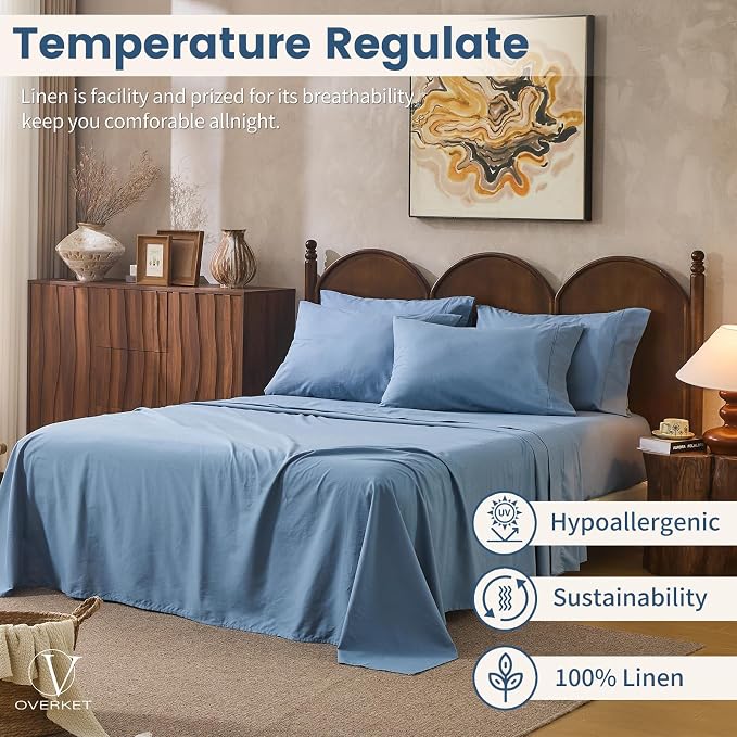 100% Linen Sheets King Size, Breathable & Durable 4-Piece Bed Flax Sheet Set - Image 5