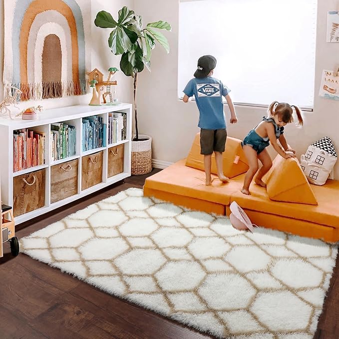 ONASAR 5x7 Area Rugs for Living Room Bedroom, Washable Fluffy White and Beige - Image 8