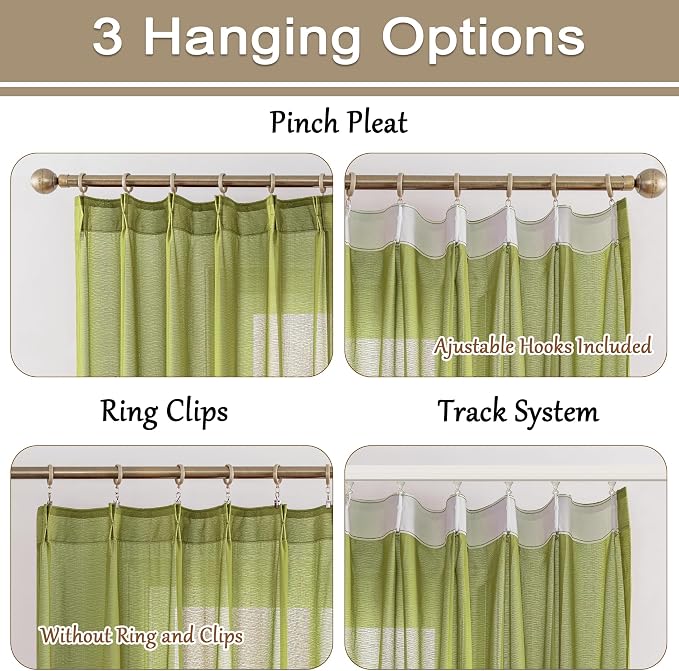Sage Sheer Pleated Curtains 108 Inches Long Light Filtering Airy Breathable - Image 2