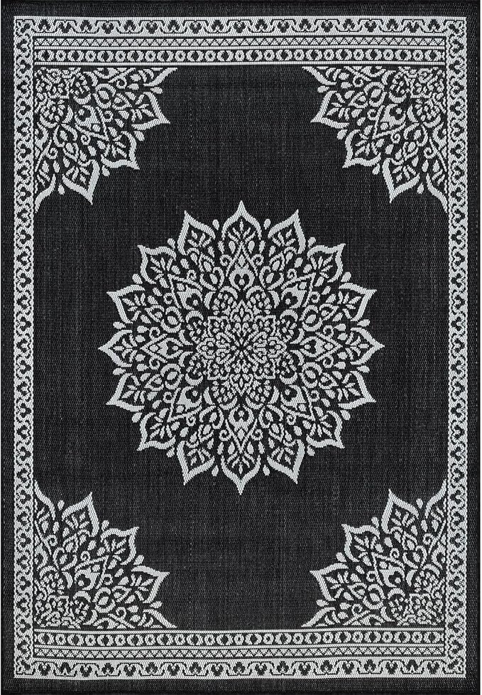 CAMILSON Indoor Outdoor Rug, 10x14 Medallion Black White Modern Area Rugs - Image 3