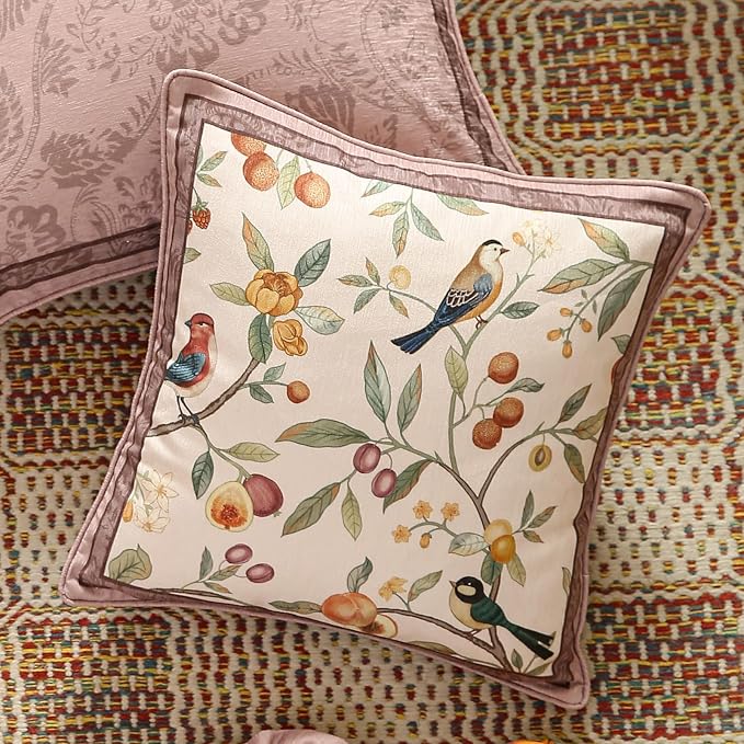 Square Pink Farmhouse Throw Pillow Covers, Birds and Flowers Pattern Cozy - Image 6