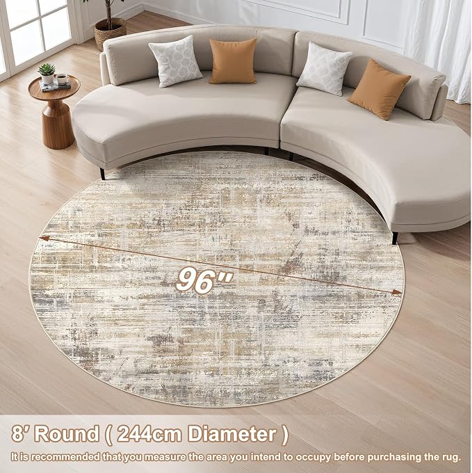 8ft Round Area Rug for Living Room: 8x8 Washable Neutral Abstract Modern Soft - Image 4