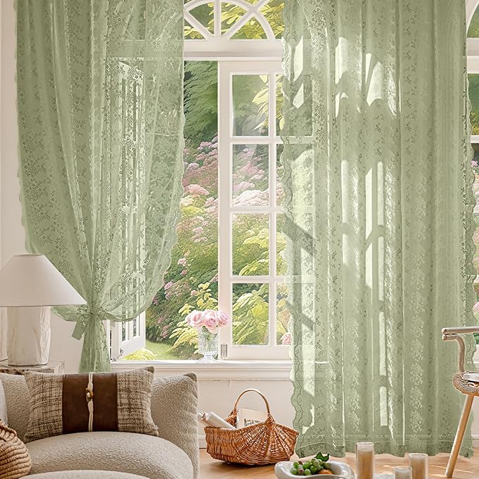 Anmao Vintage Lace Curtains 72 Inches Long 2 Panels Set, Romantic Elegant Light - Image 2