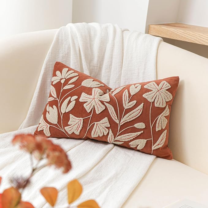BlissBlush Fall Throw Pillow Cover 12x20, Rust Brick Red Soft Velvet Floral - Image 4