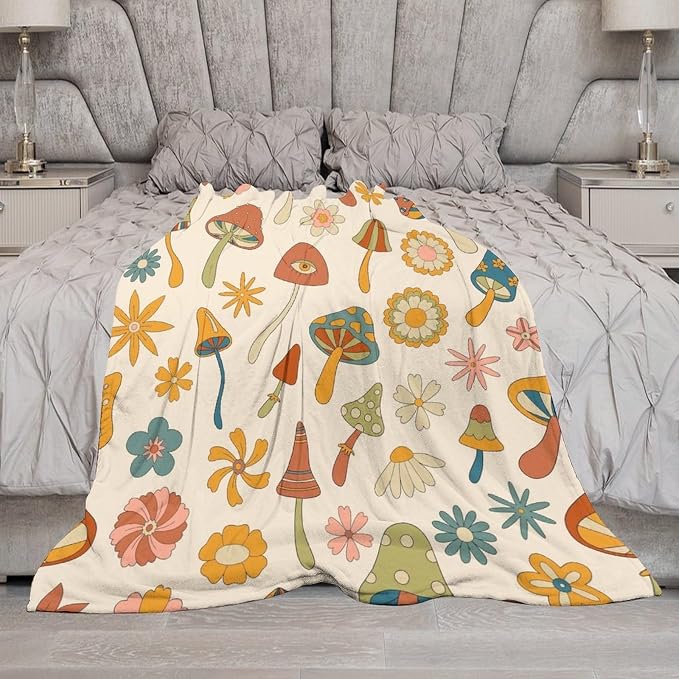 70s Mushroom Throw Blanket, Retro 60s Groovy Mushroom Boho Hippie Flowers Print - Image 7