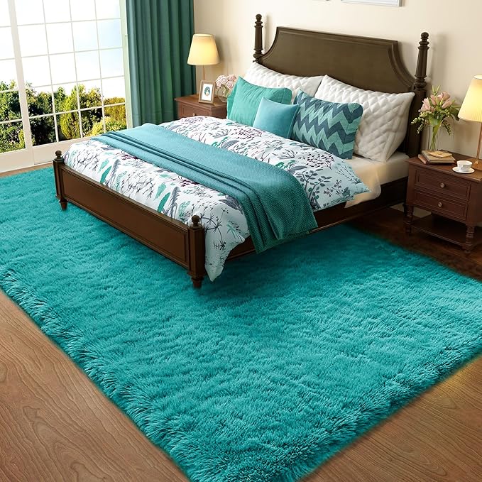 Ophanie Teal Rugs for Living Room Bedroom, 6x9 Fluffy Fuzzy Furry Carpet - Image 3