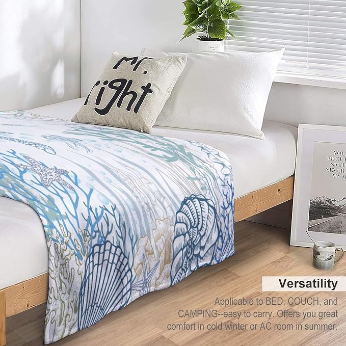 Nautical Turtle Throw Blanket, Coastal Sea Ocean Theme Coral Starfish Seashell - Image 5