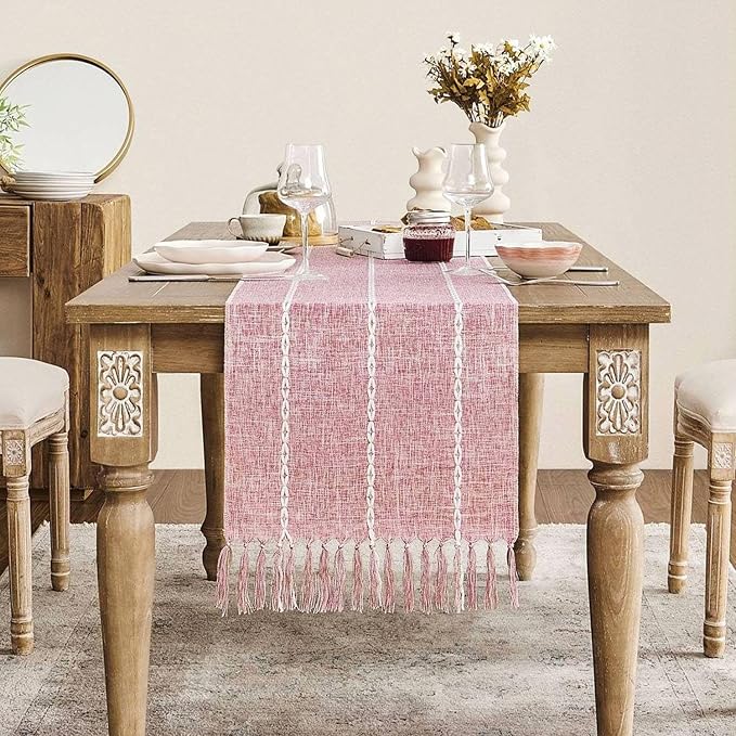 ZeeMart Farmhouse Braided Striped Table Runner, Rustic Pink Table Runners 36 by ZEEMARTONLINE
