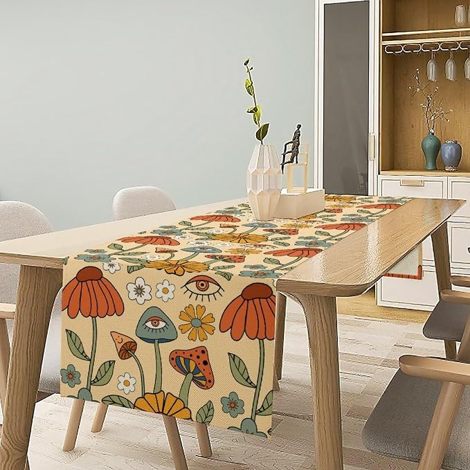 70's Boho Mushroom Table Runner, Retro Kitchen Groovy Hippie Funky Table - Image 6