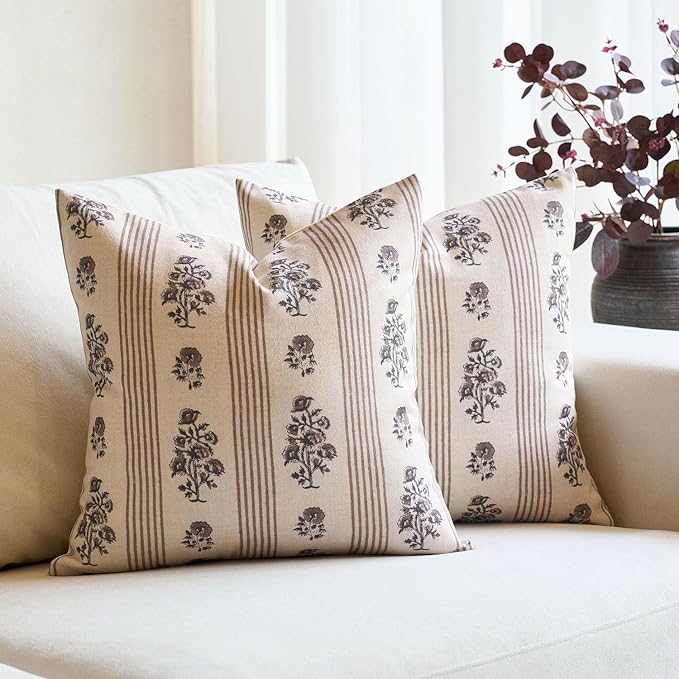 Amor Virisso Floral Throw Pillow Covers 20x20 Set of 2 Block Print Pillow by AffordableFloralPrintMaker