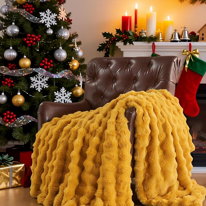 Lotus Karen Faux Fur Throw Blanket Ginger Yellow - Image 2