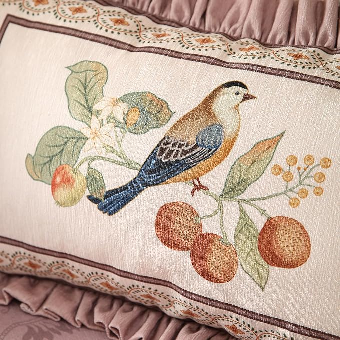 Pink Rectangle Farmhouse Throw Pillow Covers, Birds and Flowers Pattern Cozy - Image 5