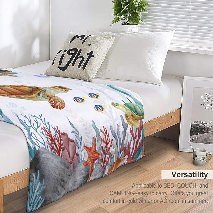 Sea Turtle Throw Blanket, Teal Blue Ocean Underwater Animal Starfish Fish - Image 5