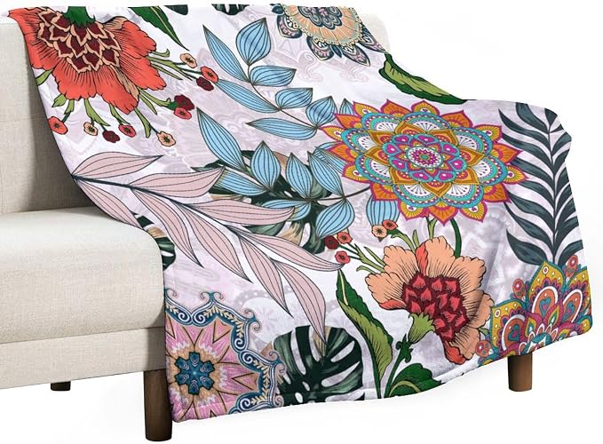 Boho Flowers Blanket for Women Girls, Rustic Bohemian Mandala Palm Leaves by JanJCurt
