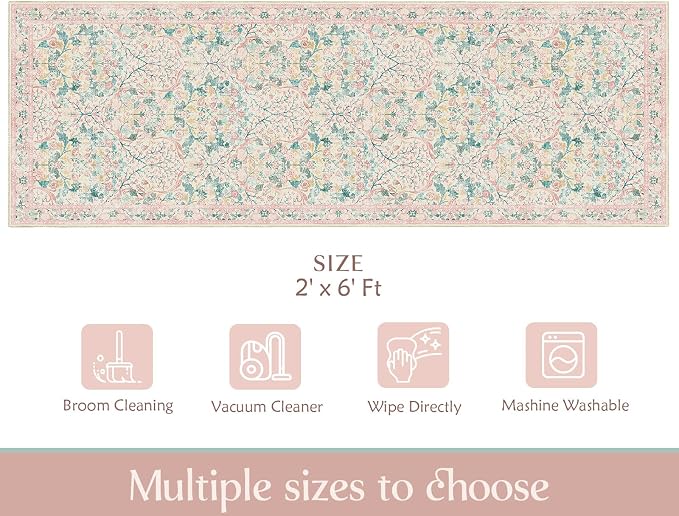 MUJOO Washable Runner Rug Pink, Floral 2x6 Runners - Image 7