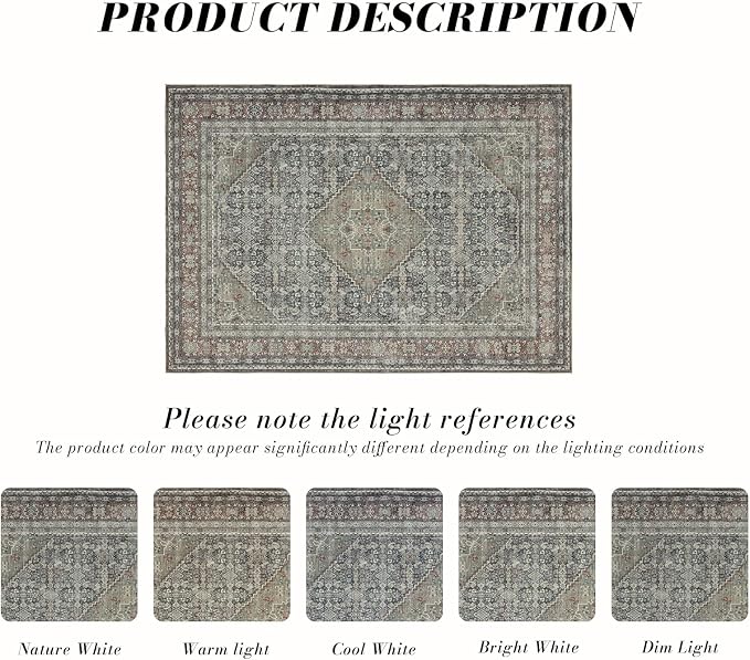 Area Rug 8×10, Large Vintage Boho Rug, Ultra-Soft Low Pile, Non Slip, Stain - Image 2