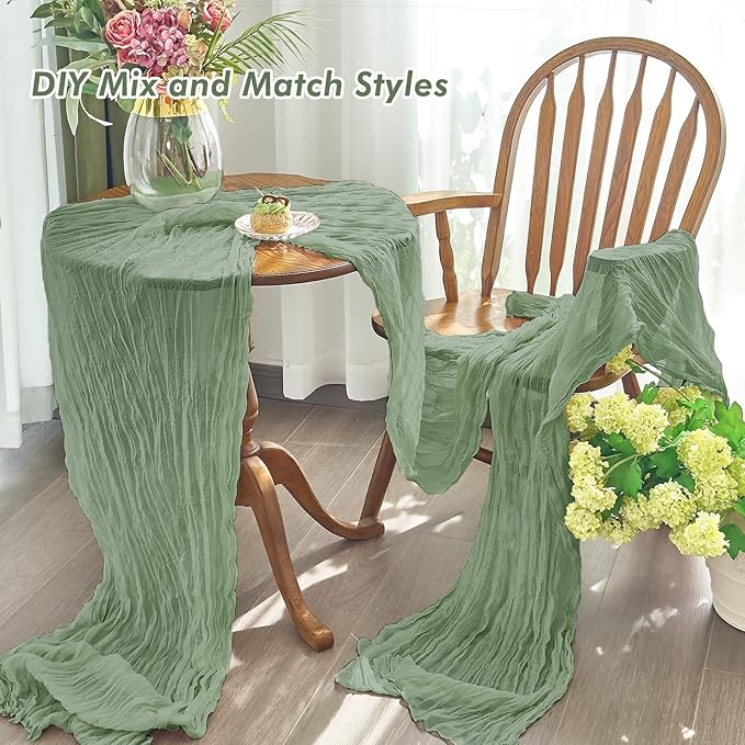 IVAPUPU 2 Pcs Cheesecloth Christmas Table Runner - 10ft Sage Green Boho Gauze - Image 4