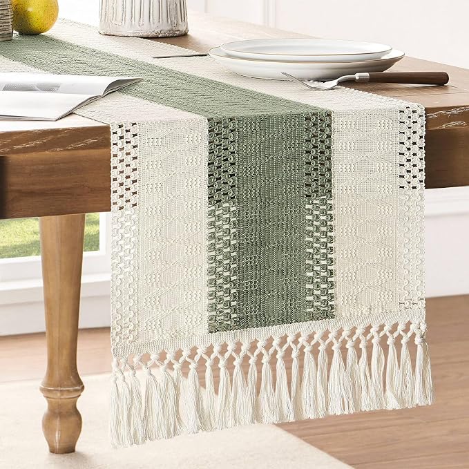 ZeeMart Macrame Style Bicolor Stitching Table Runner, 14 x 90 Inch Green/Ivory by ZEEMARTONLINE
