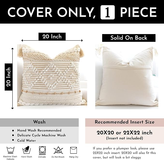 BlissBlush Cream White Boho Throw Pillow Cover 20X20, Boho Woven Textured - Image 3