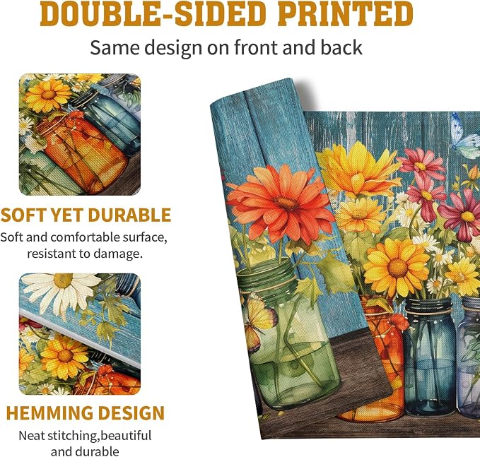 Rustic Daisy Placemats Set of 4 Vintage Flower Vases Wood Grain Linen Table - Image 5