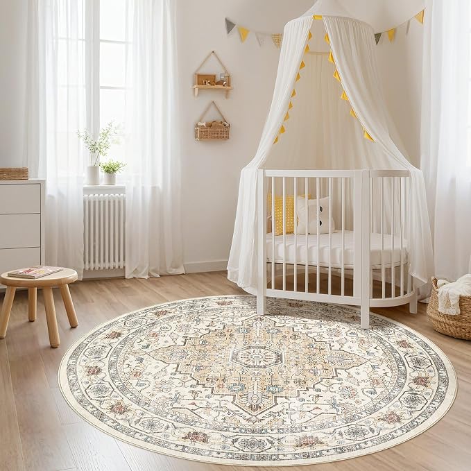 Round Rug Living Room Rugs: 6Ft Washable Boho Neutral Large Circle Soft Indoor - Image 5