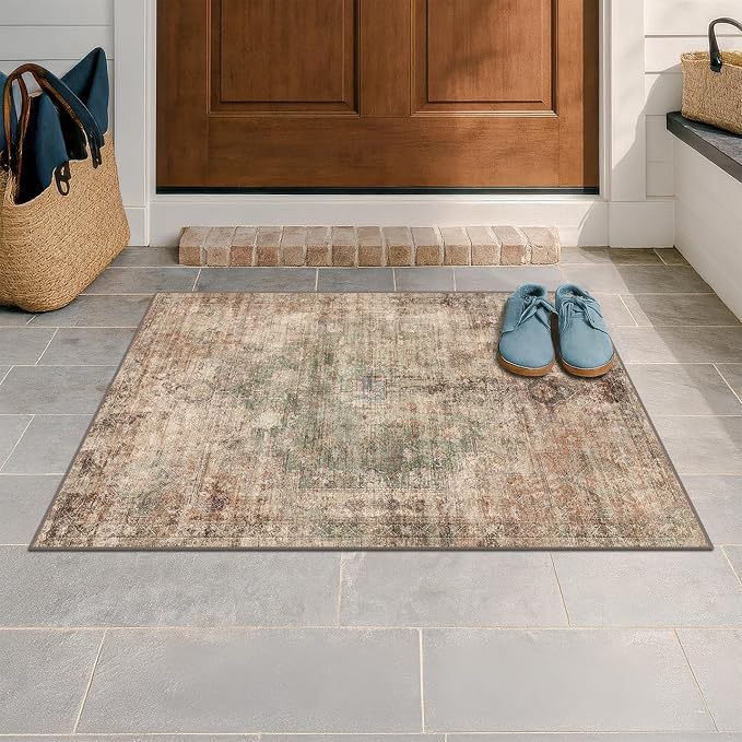 Green Brown 2x3 Washable Small Throw Rug by HazoHaus