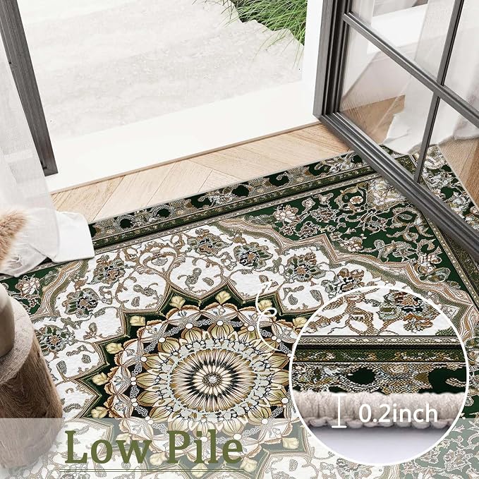 8x10 Traditional Oriental Area Rug White Dark Green Rug Non Slip Low Pile Large - Image 9