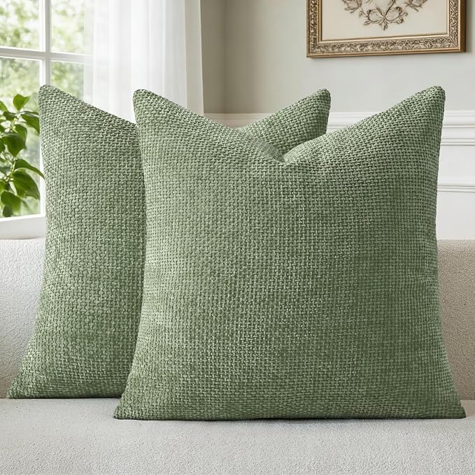 a moment Moss Green Chenille Throw Pillow Covers 18x18 Inch Pack of 2 Modern by amoment