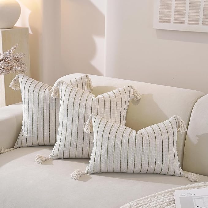 Boho Throw Pillow Covers 20x12 Inch Set of 2, Textured Linen Striped Lumbar - Image 3