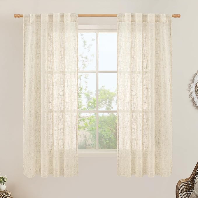 LAMIT Semi Sheer Beige Linen Curtains 63 inch, Light Filtering Panels Back Tab by LAMIT