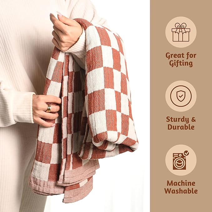 Folkulture 100% Cotton Throw Blanket, Rust Checks, Lightweight, All Seasons - Image 5