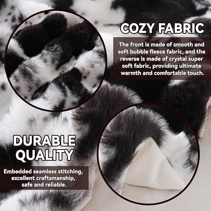 Cow Print Heating Throw Blankets Luxurious Western Soft Bubble Faux Rabbit Fur - Image 7