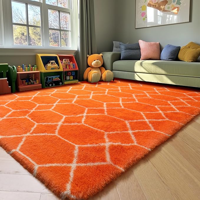 ONASAR Rugs for Living Room Bedroom, 5x8 Washable Fluffy Orange and White Area - Image 9