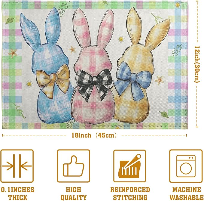 Easter Bunny Placemats Set of 4 Green Blue Pink Yellow Buffalo Plaid Rabbits - Image 4