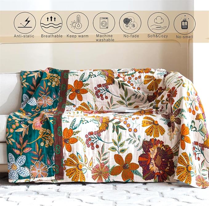 Fall Throw Blanket for Couch Bed Chair, 100% Cotton Muslin Breathable Woven - Image 3