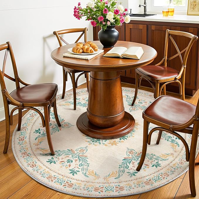 jinchan Round Rug 6ft Area Rugs Vintage Floral Distressed Design, Machine - Image 2