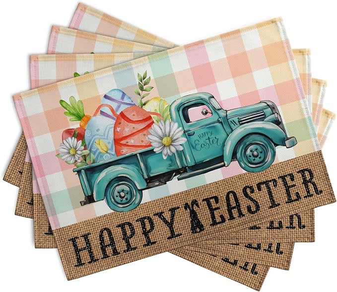 Happy Easter Placemats Set of 4 Pink Yellow Blue Buffalo Plaid Truck Eggs Daisy - Image 2