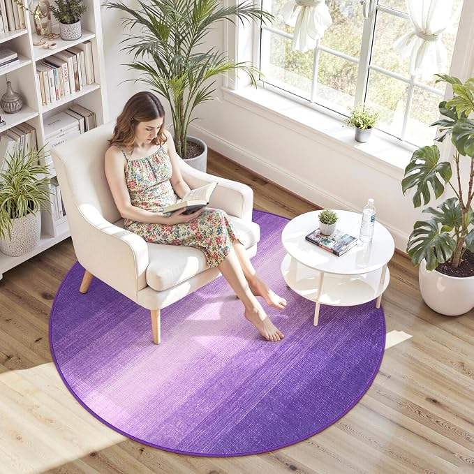 Wonnitar Modern Ombre Round Rugs 4ft, Washable Purple Bedroom Round Area Rug - Image 2