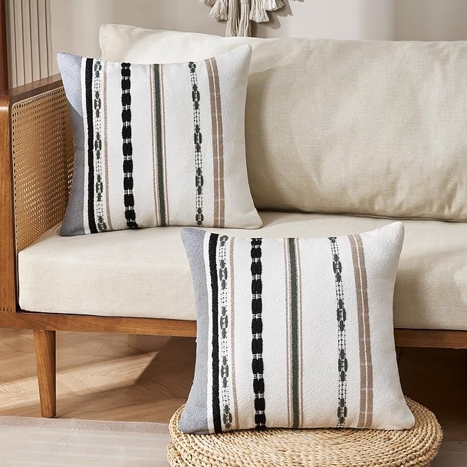 Boho Chenille Throw Pillow Covers 18x18 Inch Square Farmhouse Decorative Pillow - Image 2