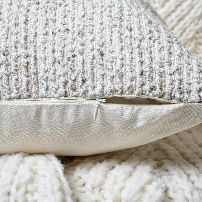 Striped Throw Pillow Covers 16x16 Set of 2 Cream Grey Textured Boucle Chic - Image 3